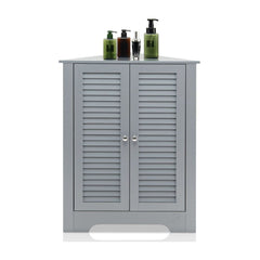 Corner Storage Cabinet Display Unit grey floor cabinet with double doors and slatted design
