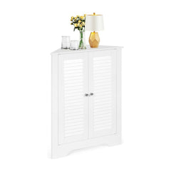 Corner Storage Cabinet Display Unit a white corner cabinet with two doors and slatted fronts