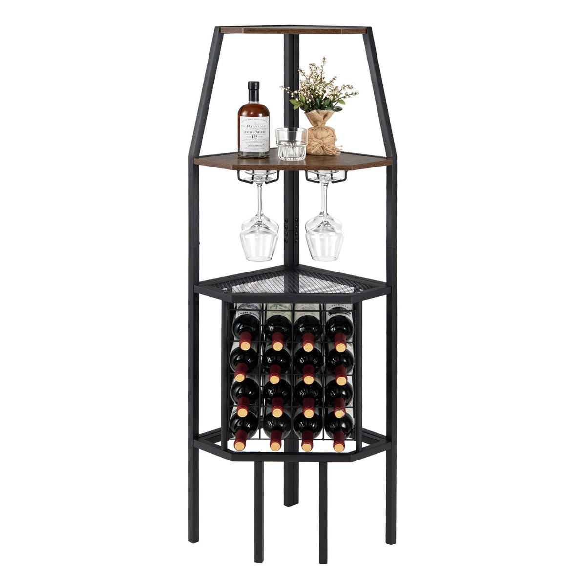 Corner Wine Rack with Glass Holder and Storage Shelves in Rustic Brown