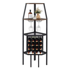 Corner Wine Rack with Glass Holder and Storage Shelves in Rustic Brown