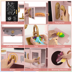 Corner Wooden Play Kitchen with Lights Sounds Toy Kitchen Playset-Pink