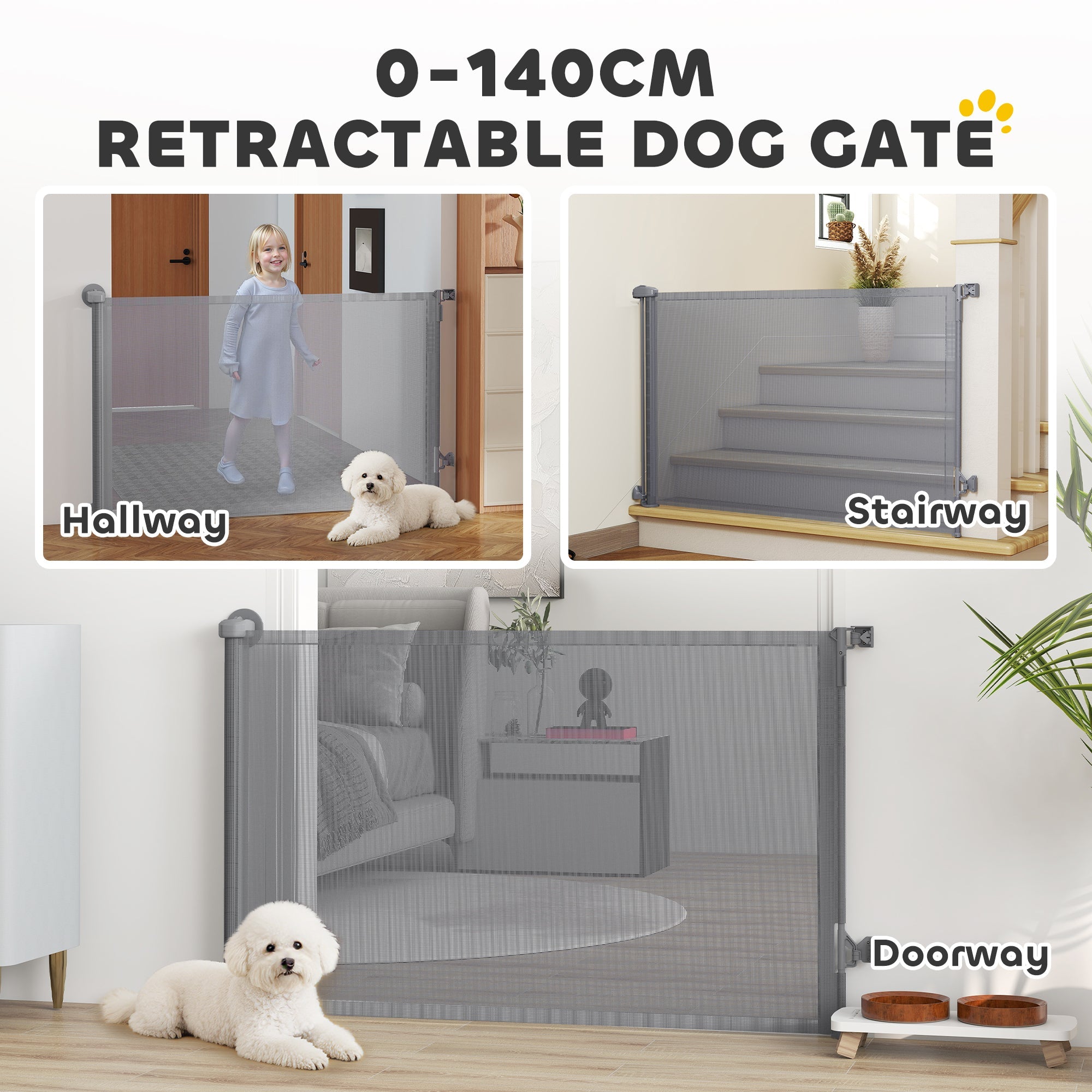 PawHut Retractable Dog Gate, Extends to 140 cm Wide & 93 cm Tall, Mesh Pet Gate with Single Hand Operation, for Stairs Doorways