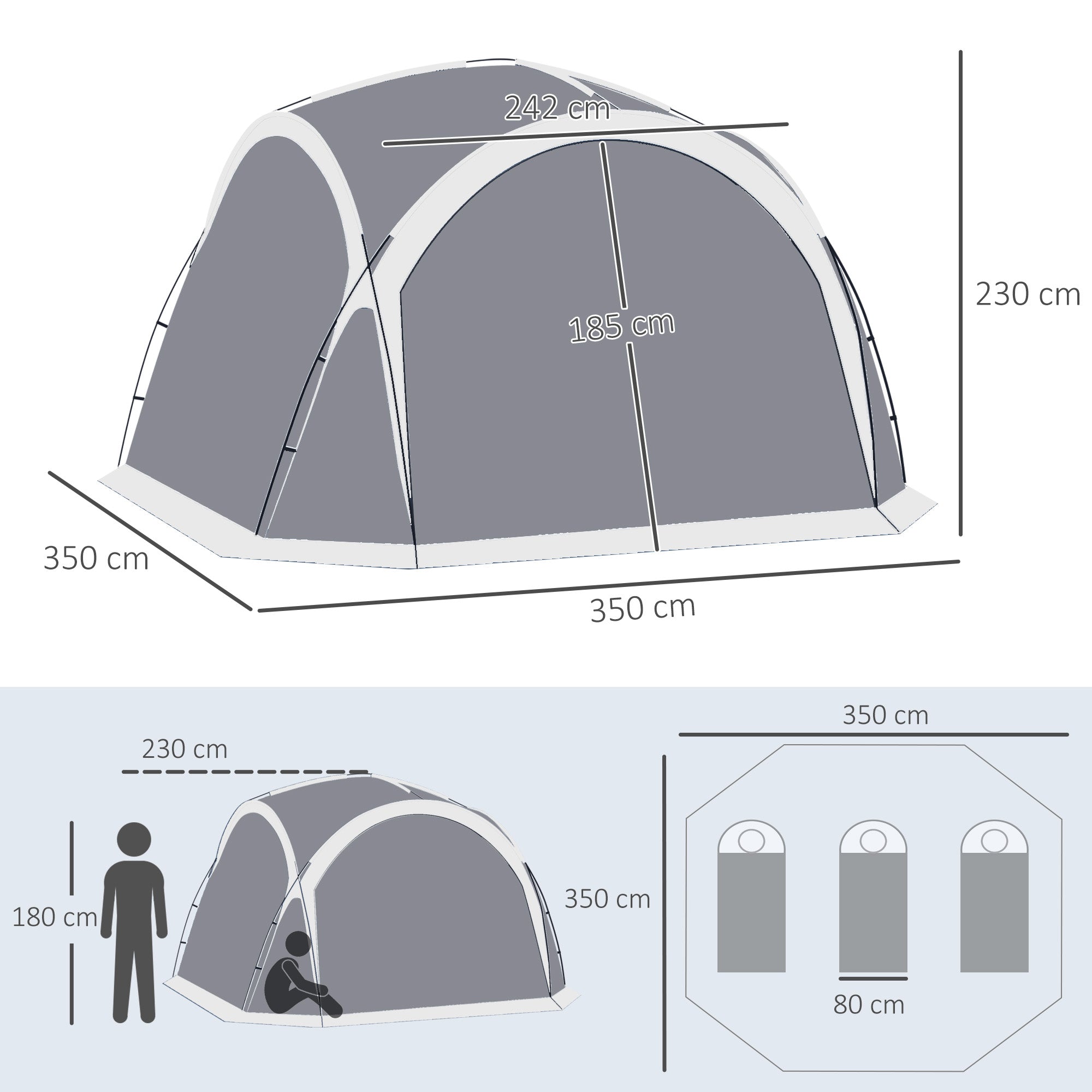 Outsunny Dome Tent for 6-8 Person, Camping Tent with 4 Zipped Mesh Doors, Removable Oxford Cloth, Lamp Hook, Portable Carry Bag, White and Grey