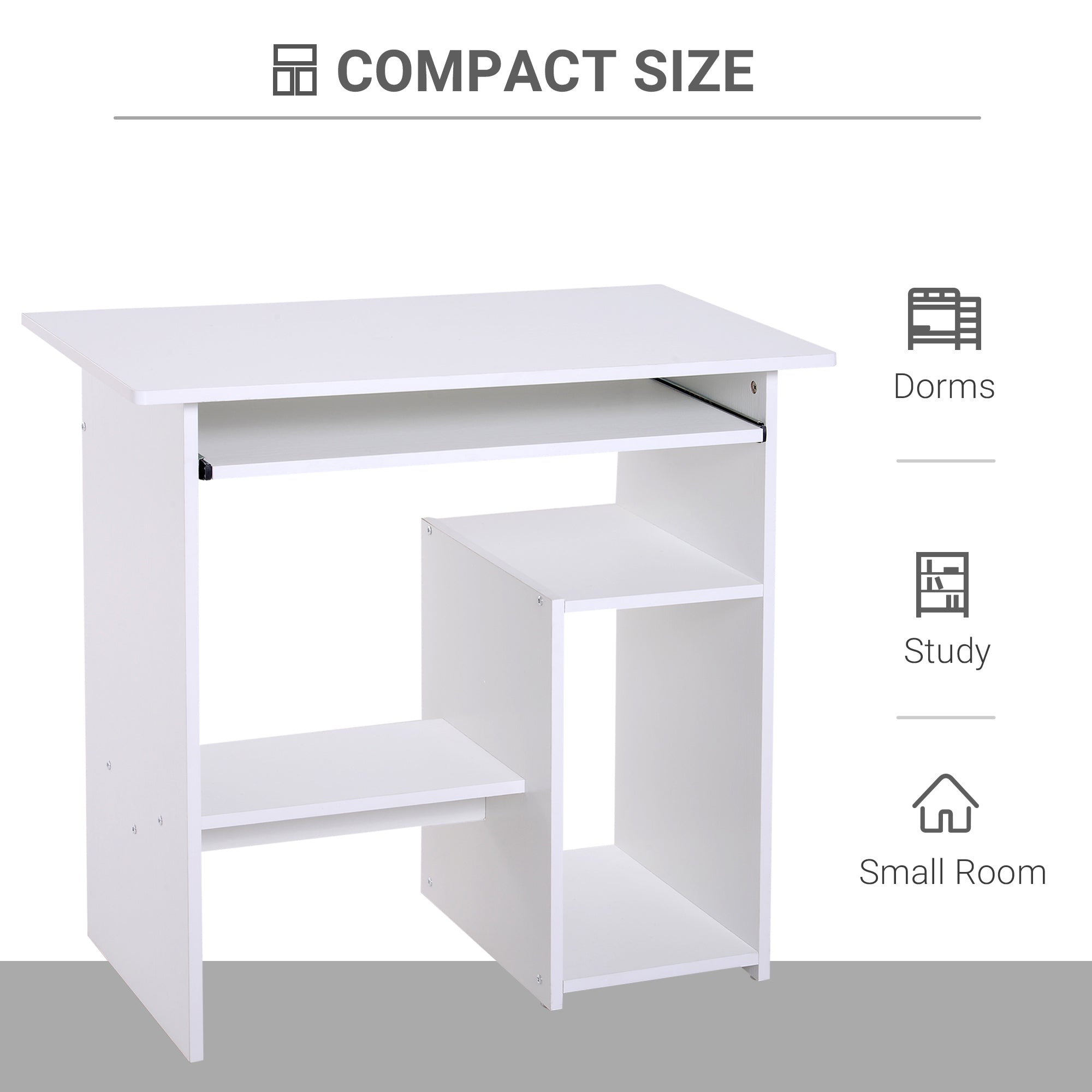 HOMCOM Compact Small Computer Table Wooden Desk Keyboard Tray Storage Shelf Modern Corner Table Home Office White
