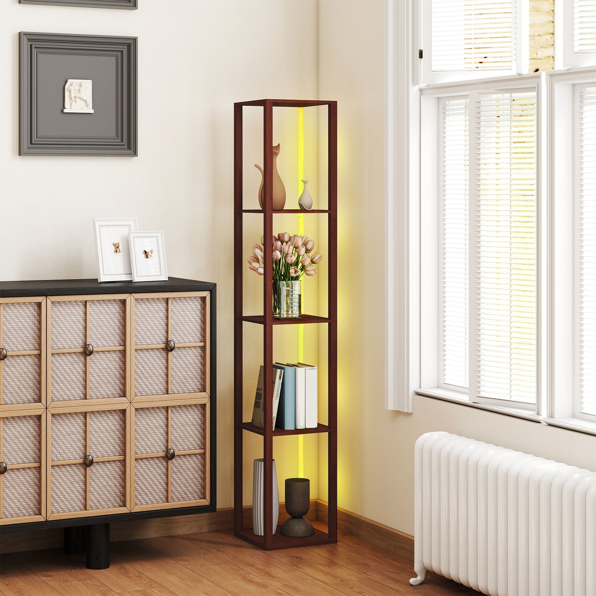 HOMCOM RGB LED Floor Lamp with Shelves, Modern Dimmable Standing Lamp with Remote Control, Adjustable Brightness & Speed for Living Room, Bedroom, Office, Brown