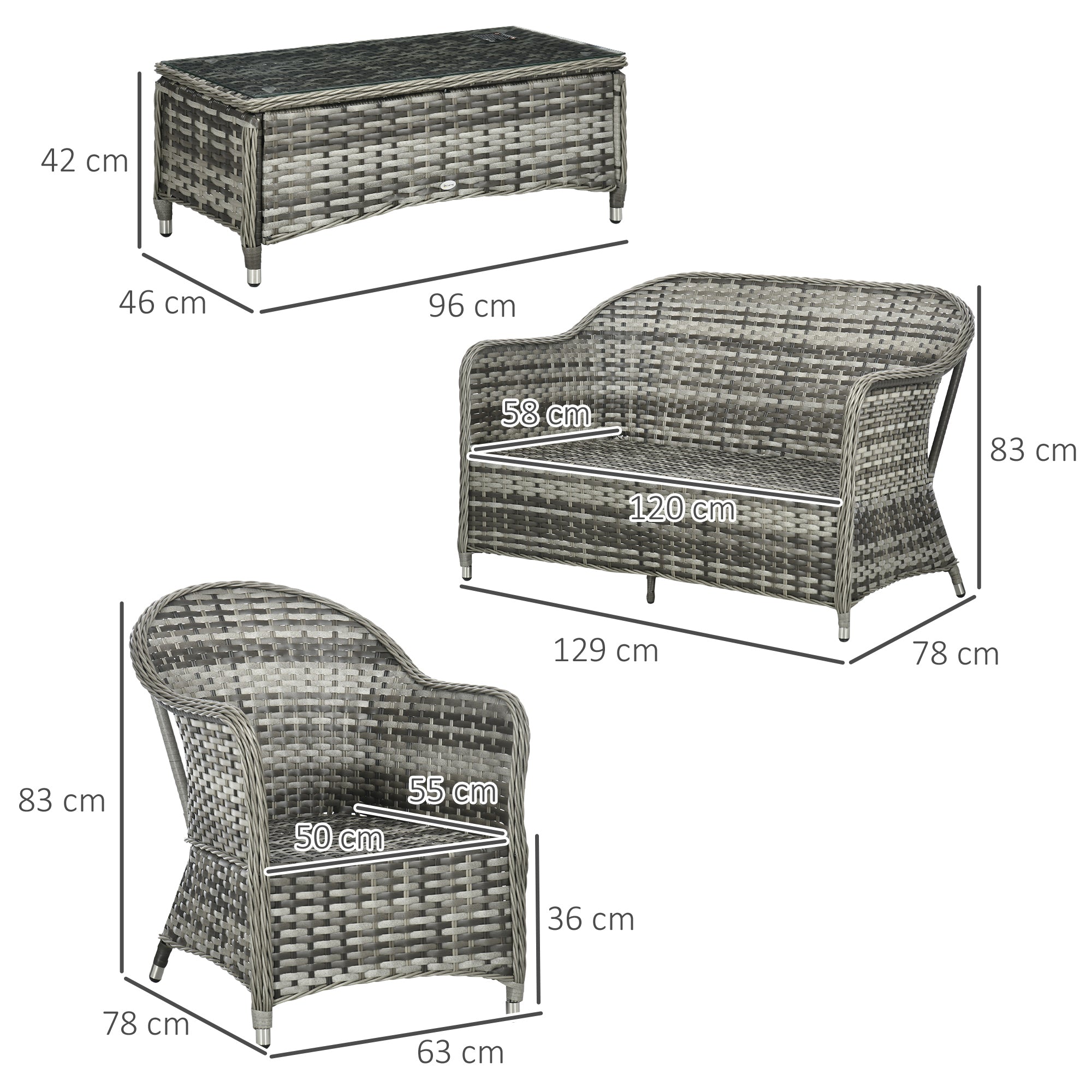Outsunny Four-Piece Rattan Sofa Set, with Glass-Top Table - Mixed Grey