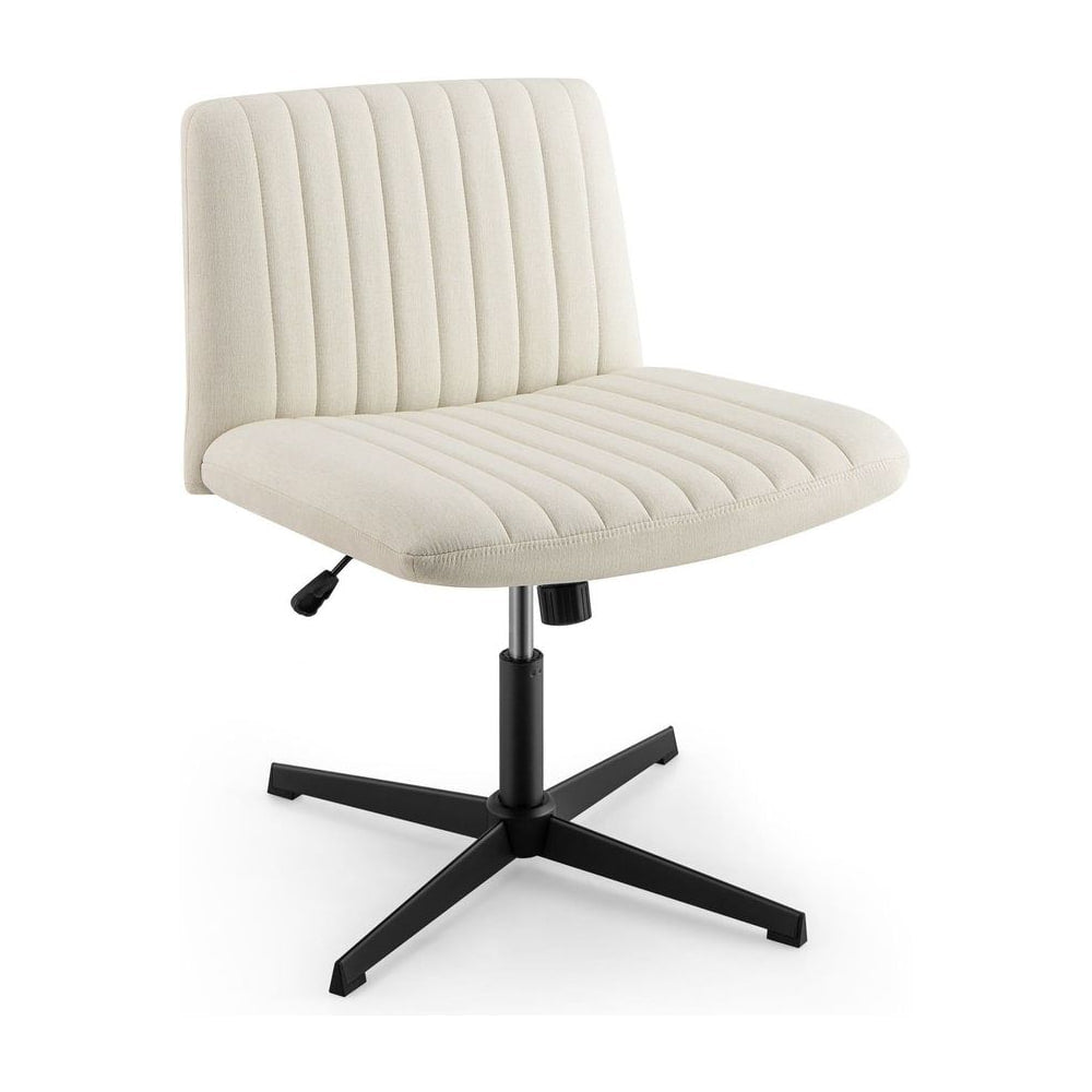 Criss Cross Legged Chair with a beige upholstered seat and back on a black five-star base