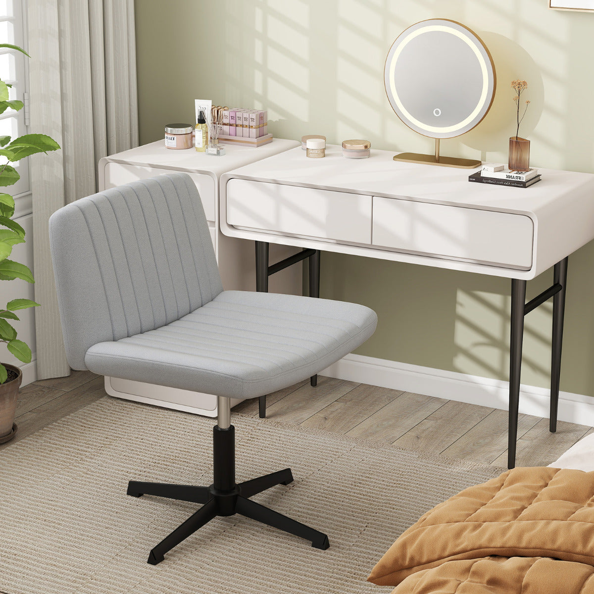 Criss Cross Legged Chair No Wheels with Wide Padded Seat-Grey