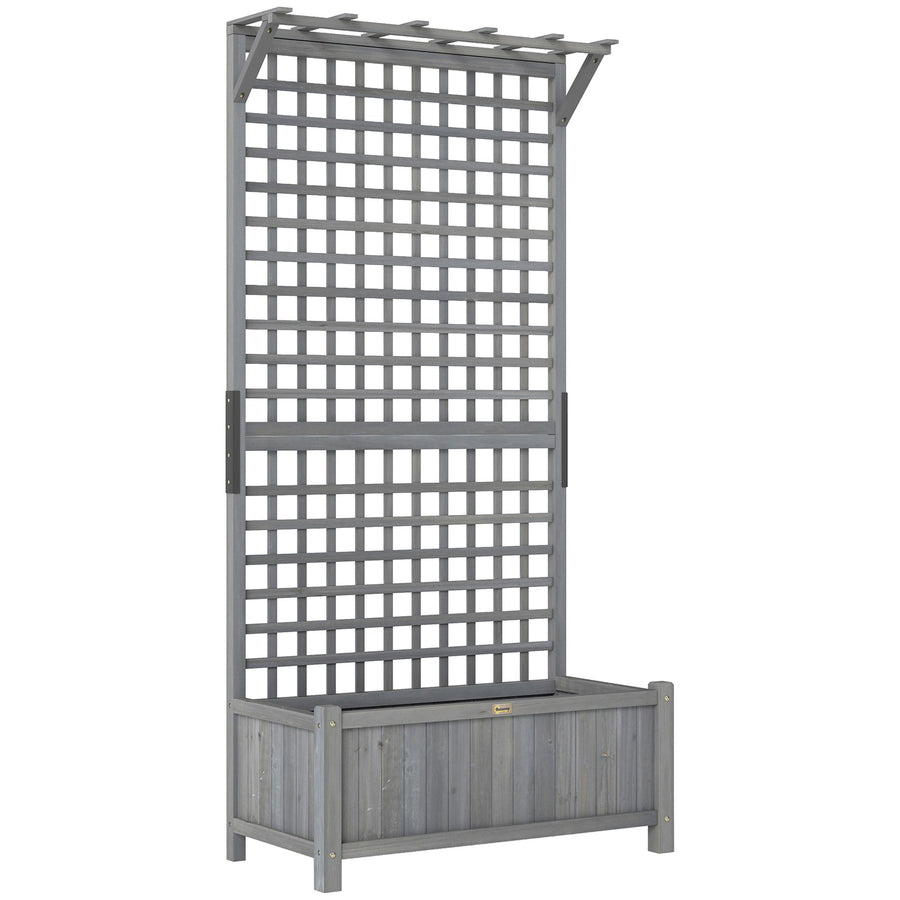 Outsunny Raised Bed with Drainage Holes, Wood Planter with Trellis for Climbing Plants, Dark Grey