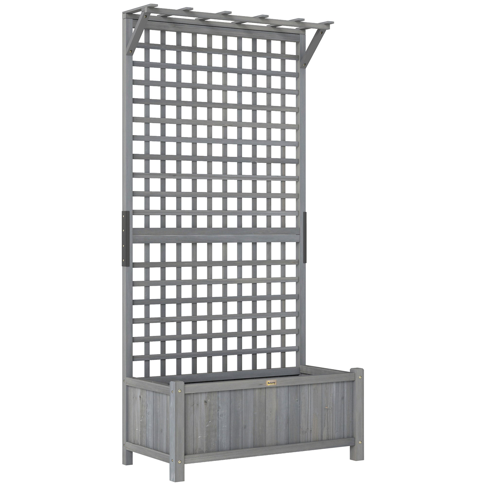 Outsunny Raised Bed with Drainage Holes, Wood Planter with Trellis for Climbing Plants, Dark Grey