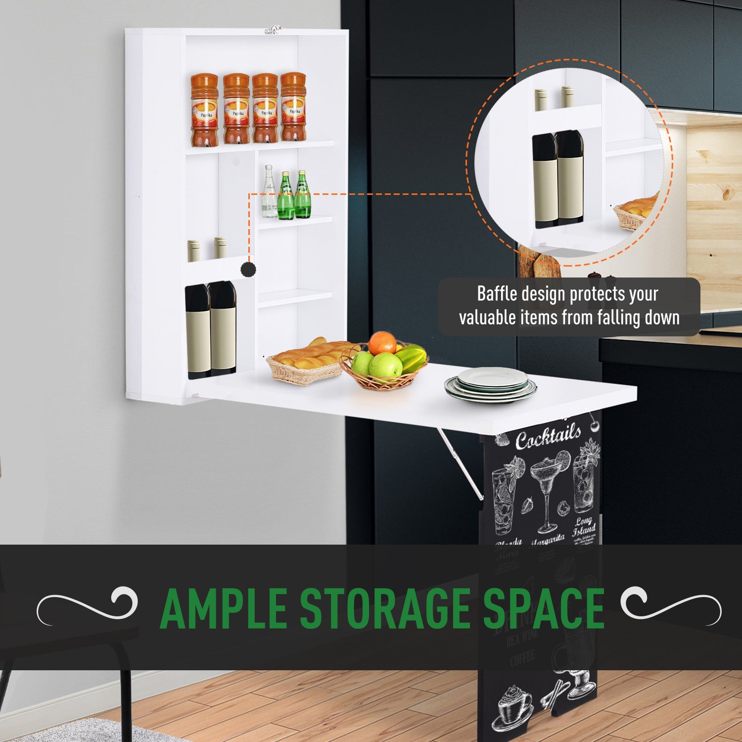 HOMCOM Folding Wall-Mounted Drop-Leaf Table, Convertible Wall Table With Chalkboard and Storage Shelf, Multifunctional Floating Desk for Home Office, White