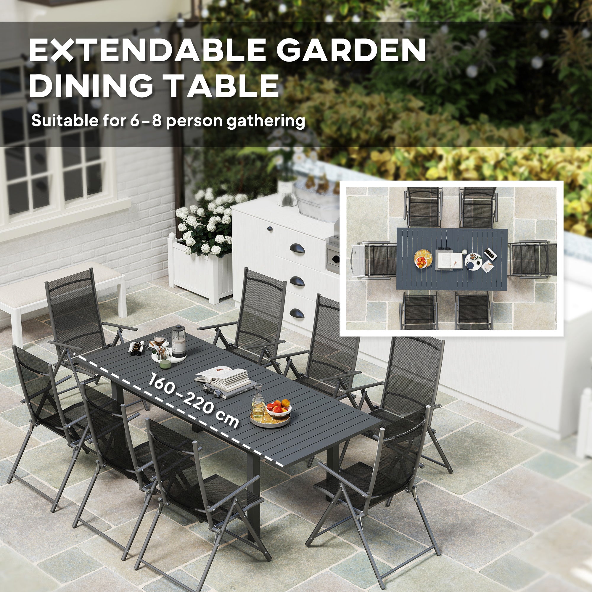 Outsunny Aluminium Extending Garden Table with Slatted Top for 6-8 Person, 160/220 x 90 x 73 cm, Grey
