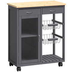 HOMCOM Bamboo Kitchen Island, Rolling Kitchen Trolley with Glass Door, 2 Metal Wire Baskets and Adjustable Shelf, Grey