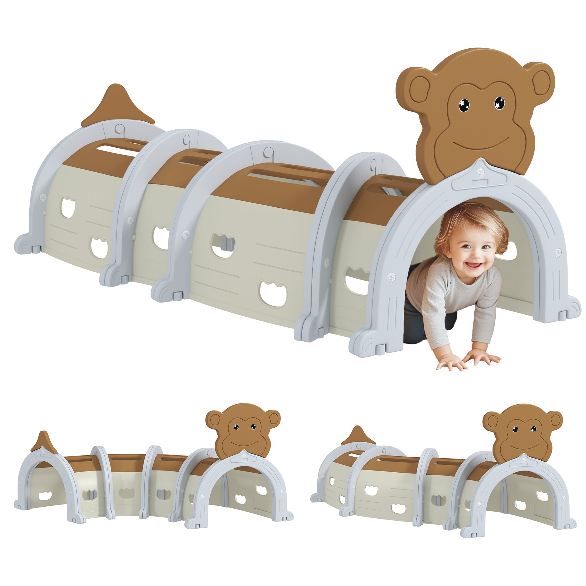 AIYAPLAY Monkey-Design Kids Play Tunnel for Crawling, Climbing, for ages 3-6 Years, Brown