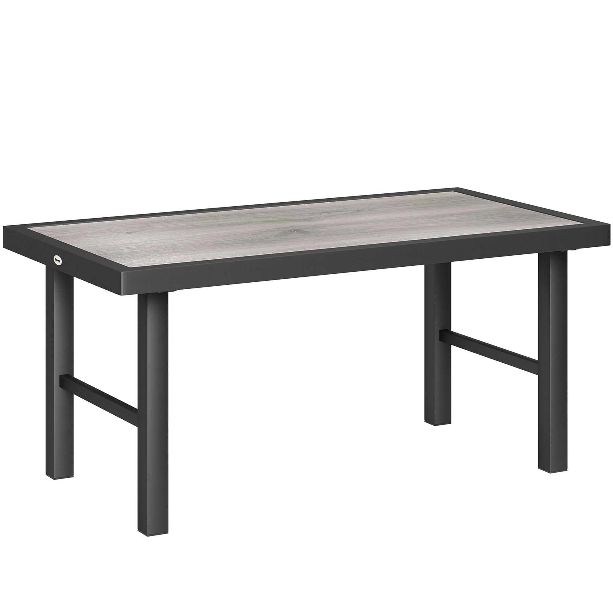 Outsunny Metal Garden Coffee Table, Outdoor Side Table with SPC Woodgrain Tabletop for Outside, Garden, Balcony, Porch, 100 x 53 x 46cm, Grey Wood Effect