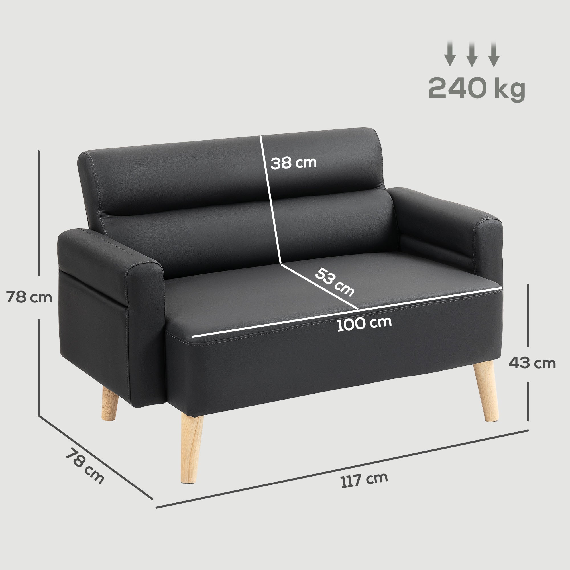 HOMCOM Small Faux Leather 2 Seater Sofa Settee - Black
