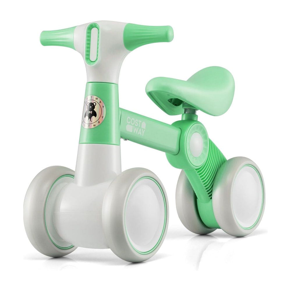 Cute Baby Balance Bike 4 Wheels with steering handlebars, a green and white ride-on toy with four wheels and a seat