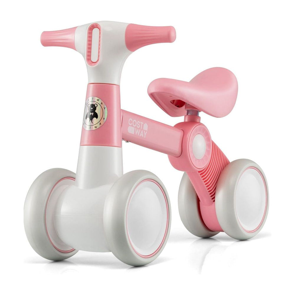 Cute Baby Balance Bike 4 Wheels with steering handlebars, a pink and white ride-on toy