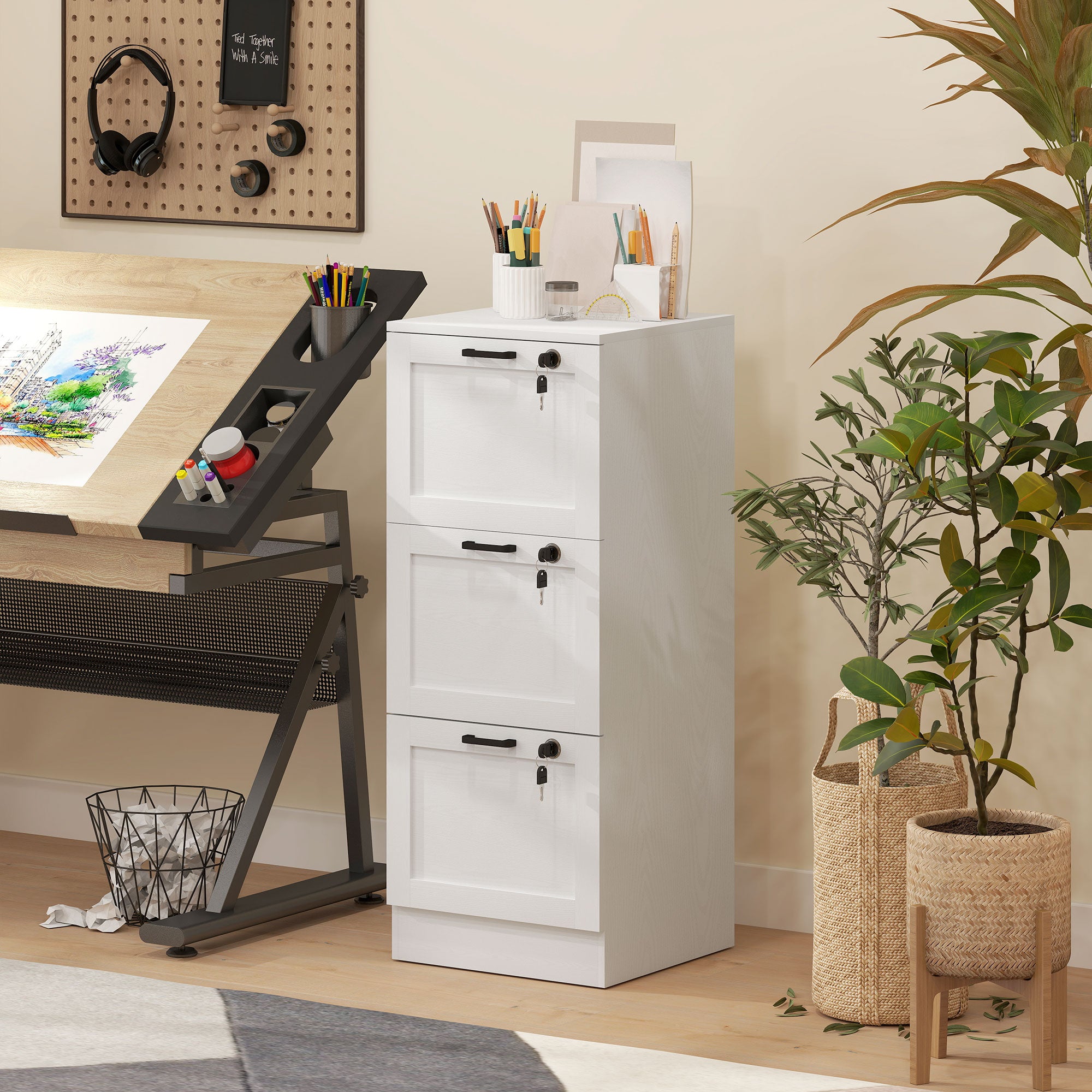 HOMCOM 3-Drawer Filing Cabinet with Lock - White