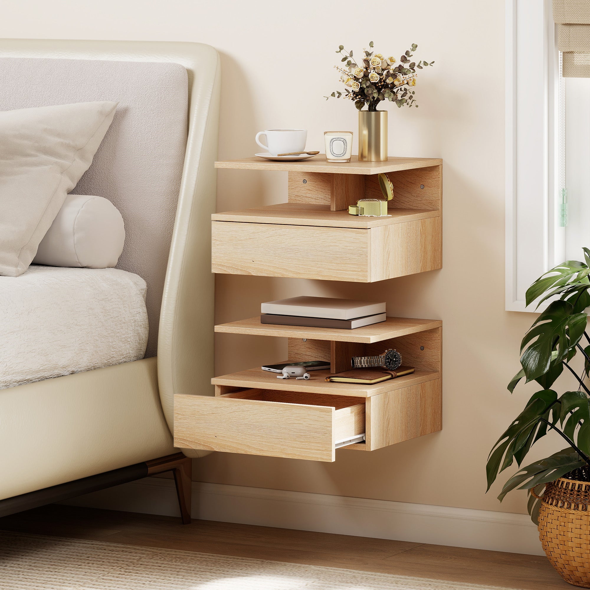 HOMCOM Set of Two Floating Bedside Tables - Oak