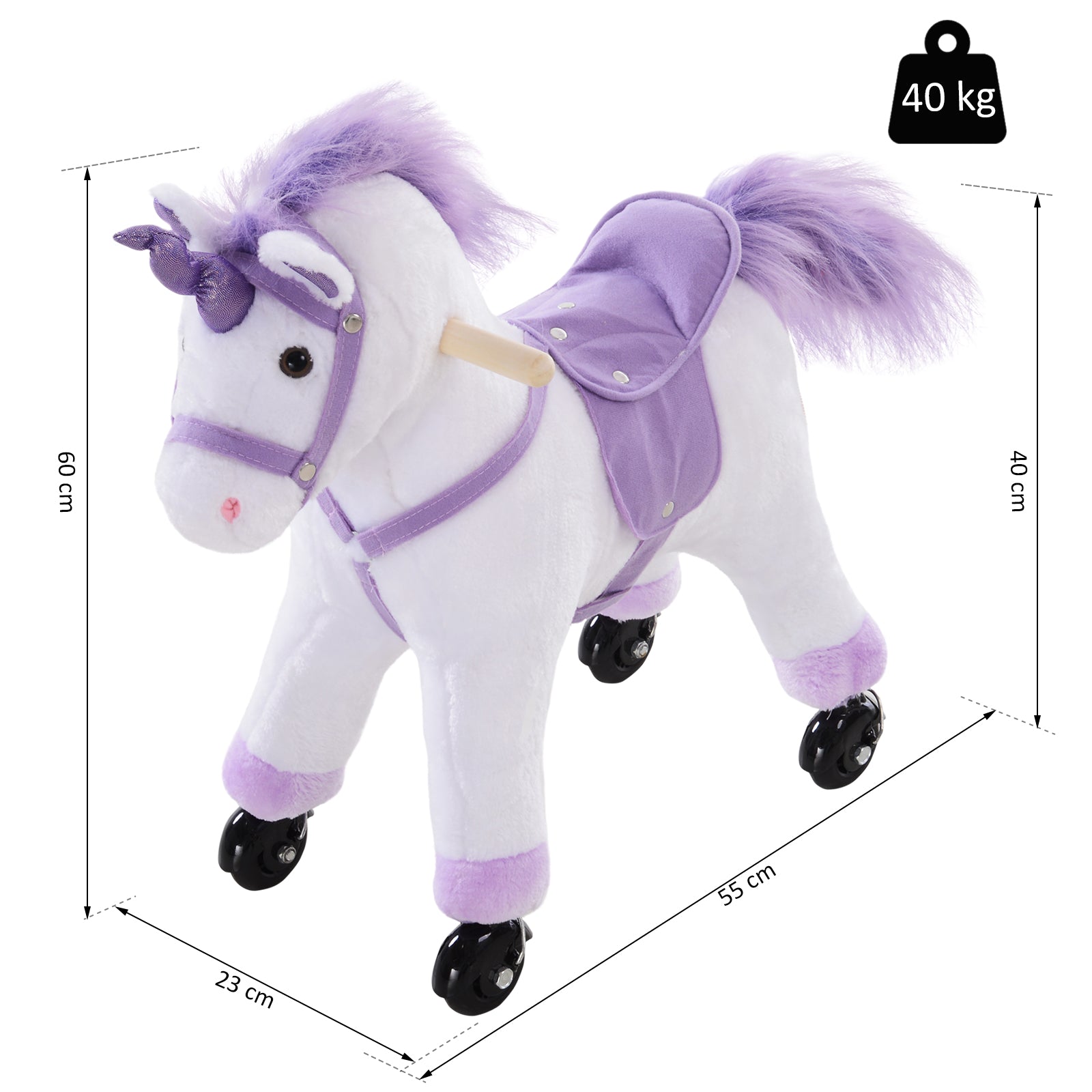 HOMCOM Kids Ride-On Rocking Unicorn, with Realistic Sounds, Handlebars, Purple/White