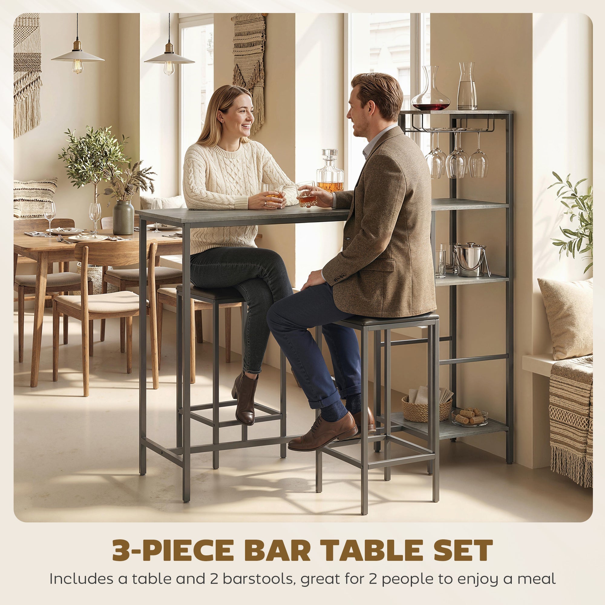 HOMCOM 3 Piece Breakfast Bar Table and Stools Set, Washed Grey