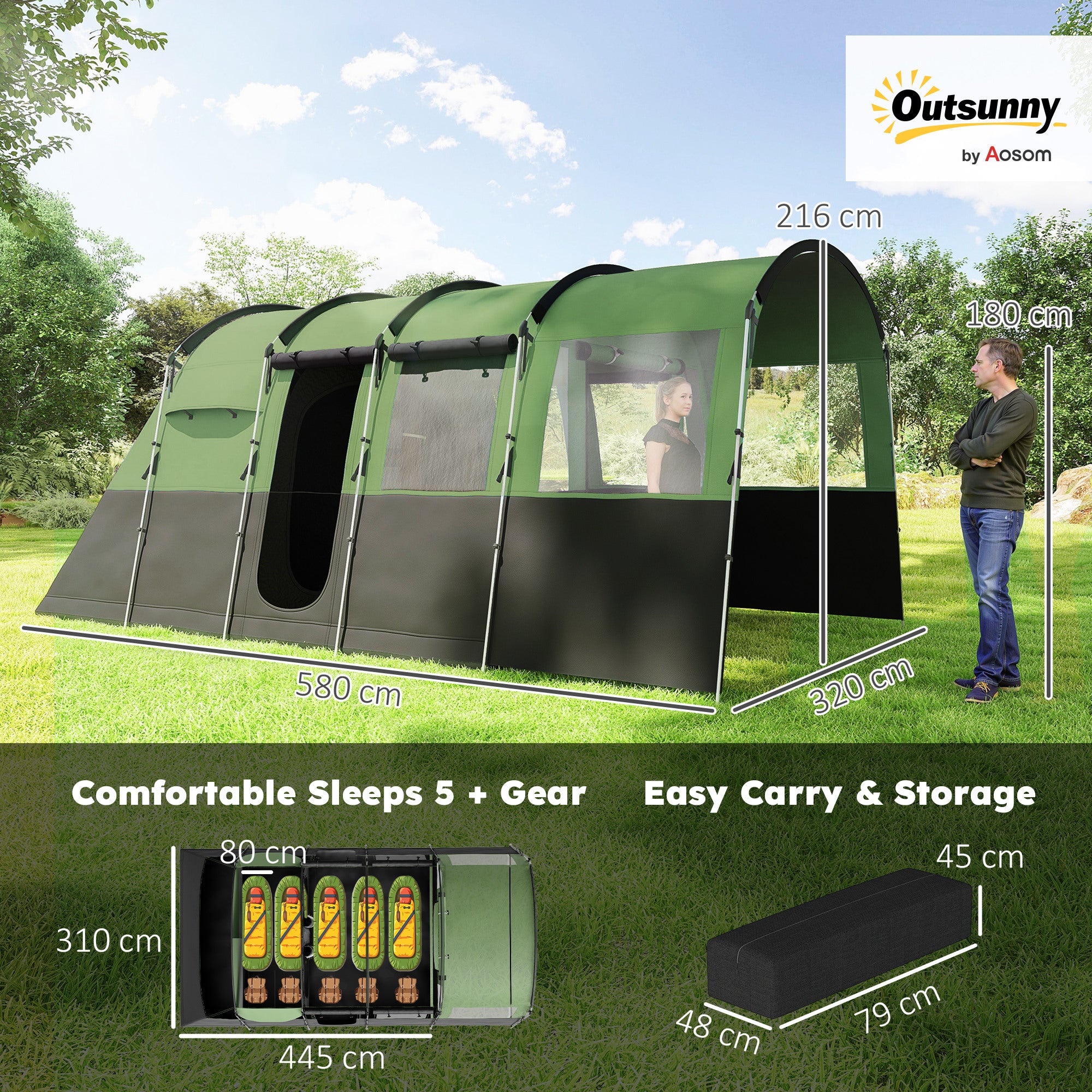 Outsunny 8-Person Camping Tent, Waterproof Family Tent, Tunnel Design, 4 Large Windows, Sleeping Cabins 3000mm Water Column Green