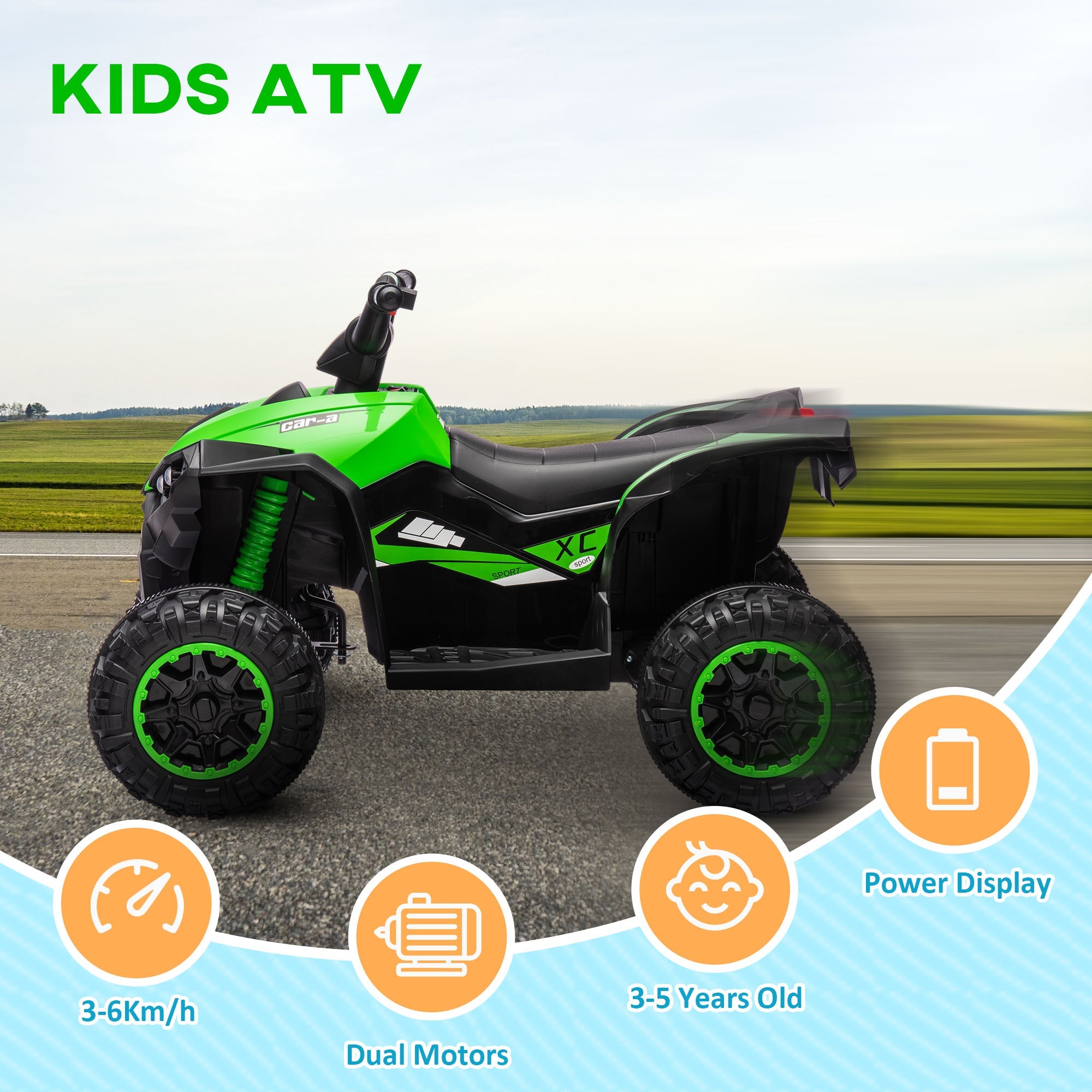 HOMCOM 12V Ride-On Quad Bike, with Music, Horn, LED Lights, for Ages 3-5 Years, Green
