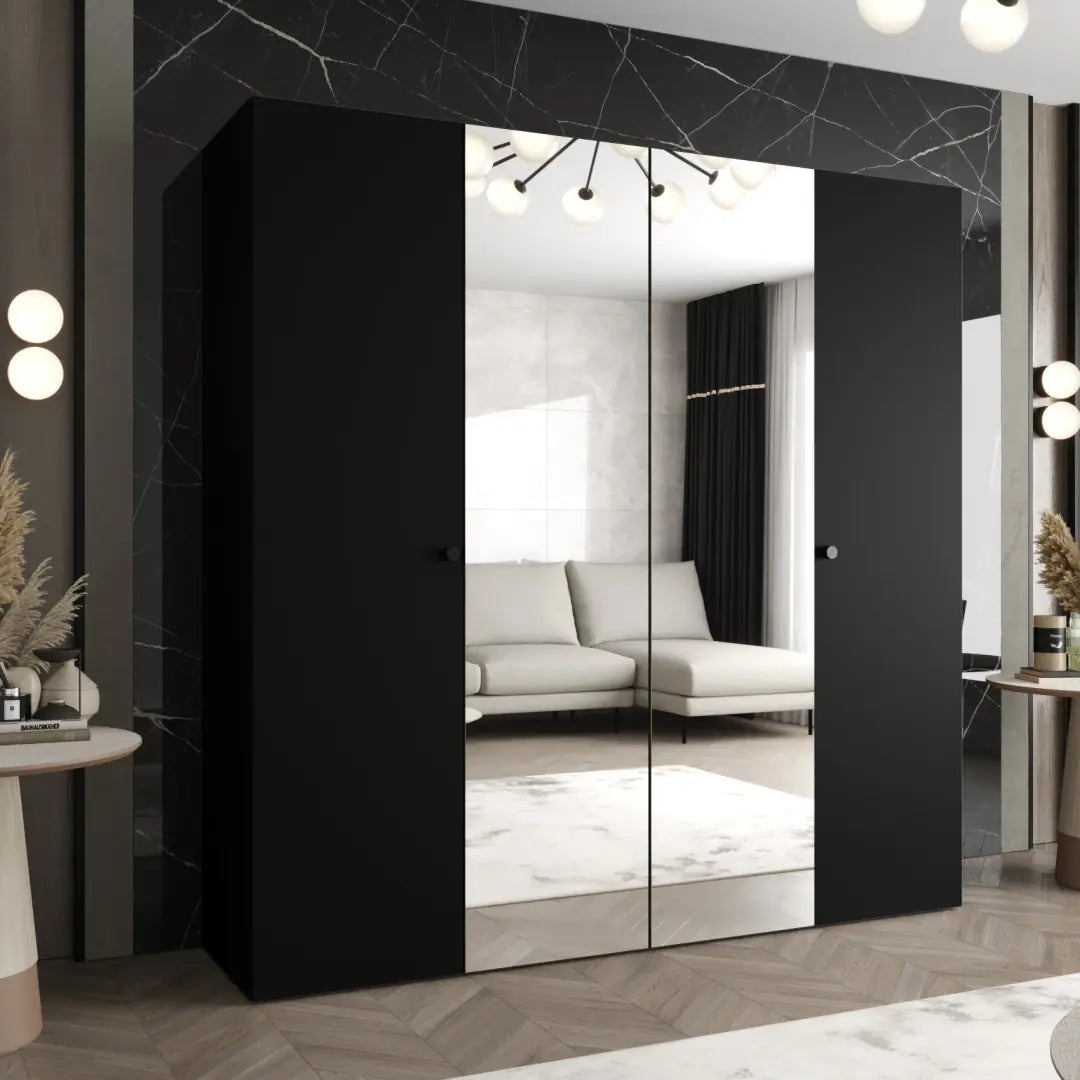 The black hinged wardrobe with central mirrors positioned in a modern living space