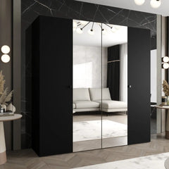 The black hinged wardrobe with central mirrors positioned in a modern living space