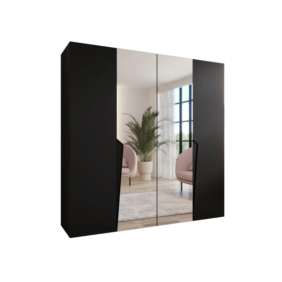 The hinged wardrobe in black with mirrored doors shown from a side angle