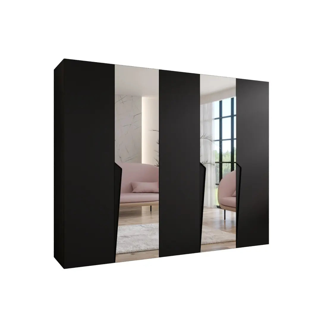 This black hinged wardrobe has mirrored doors and a sleek design