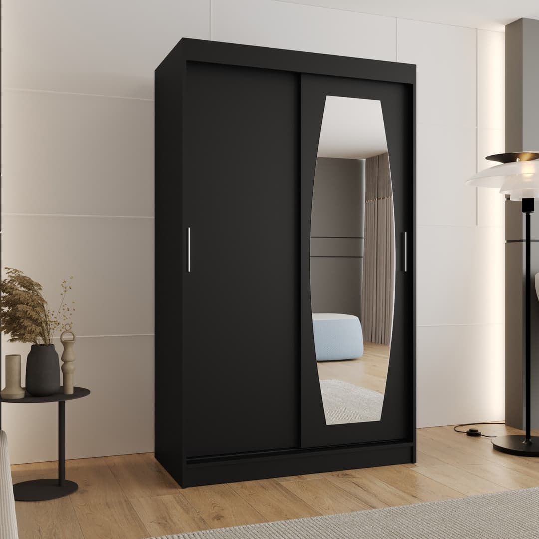 The sliding door wardrobe in a black finish with a mirrored door