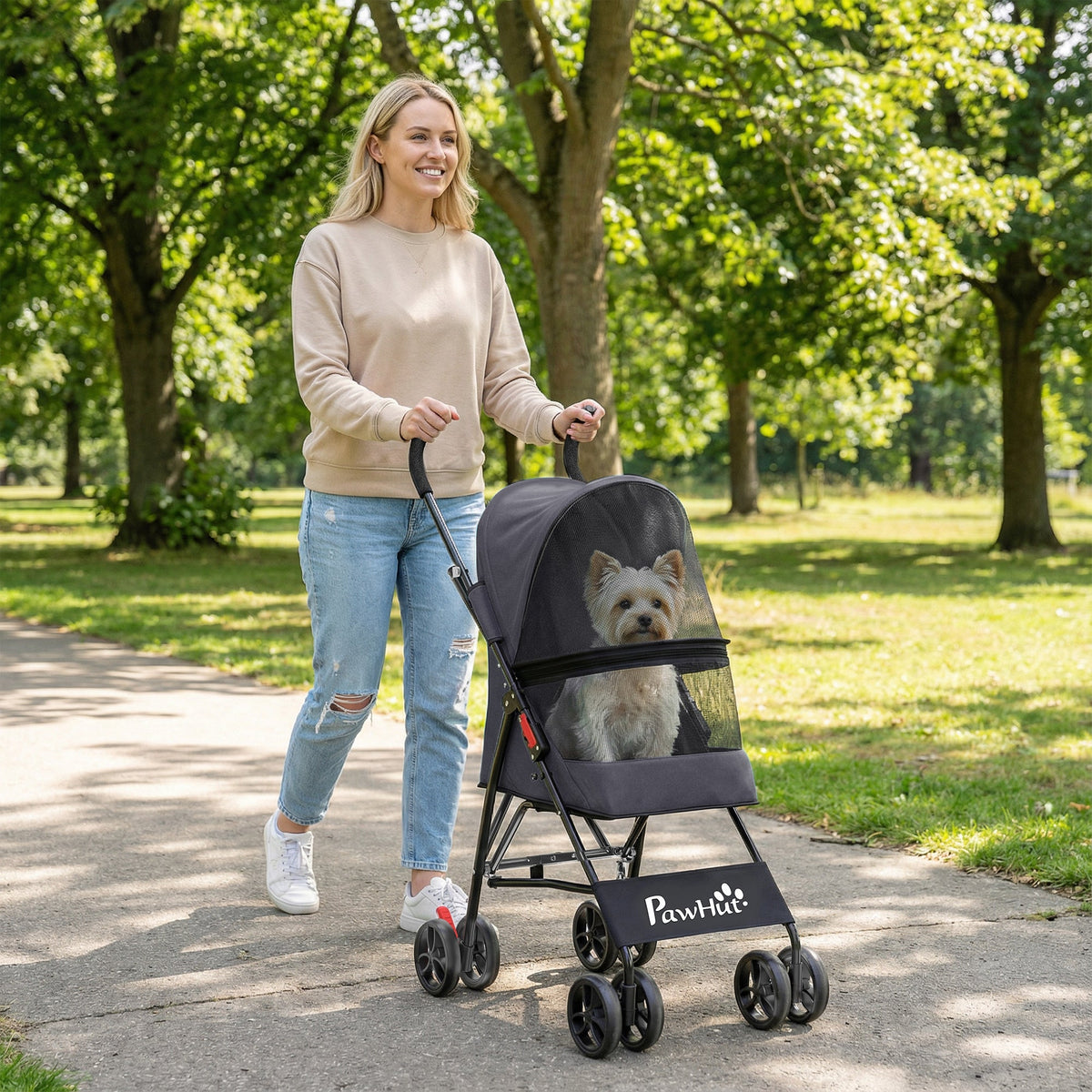 PawHut Dog Stroller, Foldable Cat Dog Pram for Miniature Breeds, Pet Stroller with Brake, Mesh Windows, Dark Grey