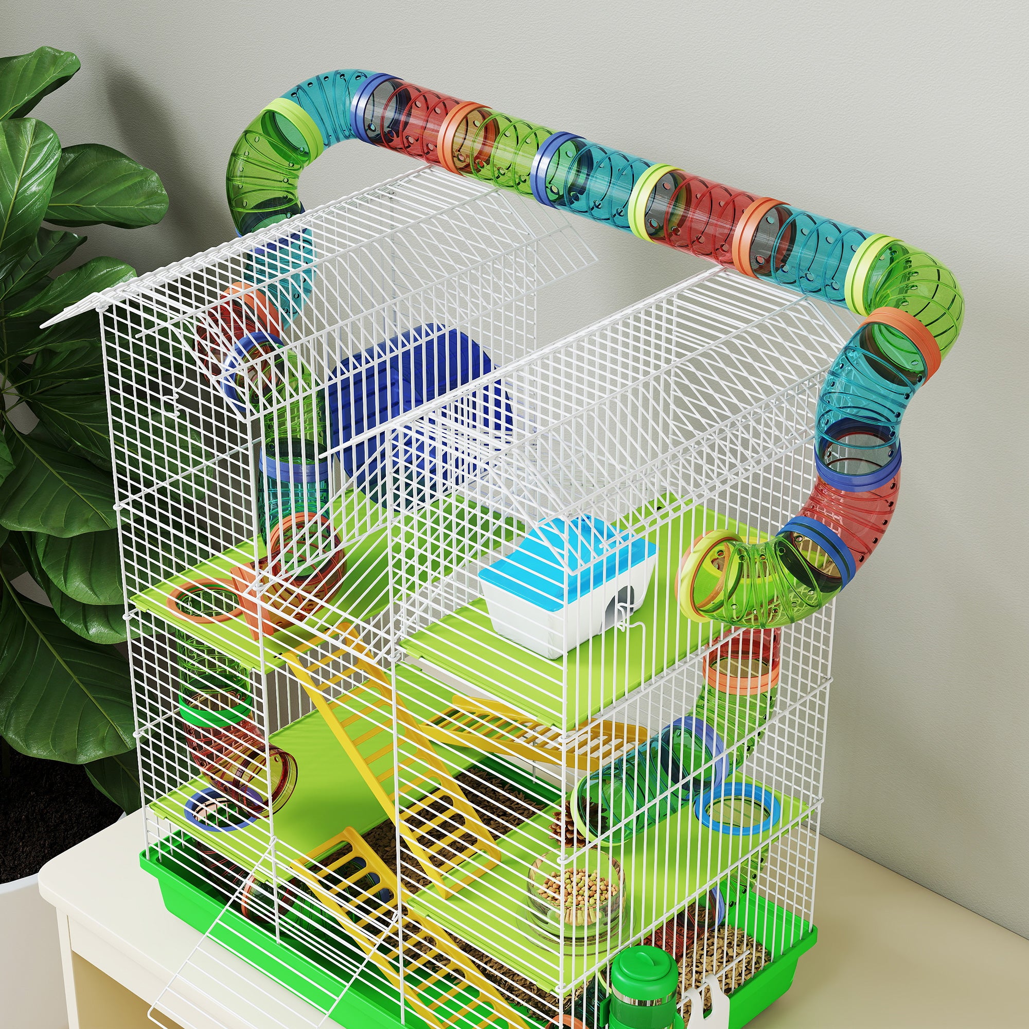 PawHut 5 Tier Hamster Cage Carrier Habitat with Exercise Wheels Tunnel Tube Water Bottle Dishes House Ladder for Dwarf Mice, Green