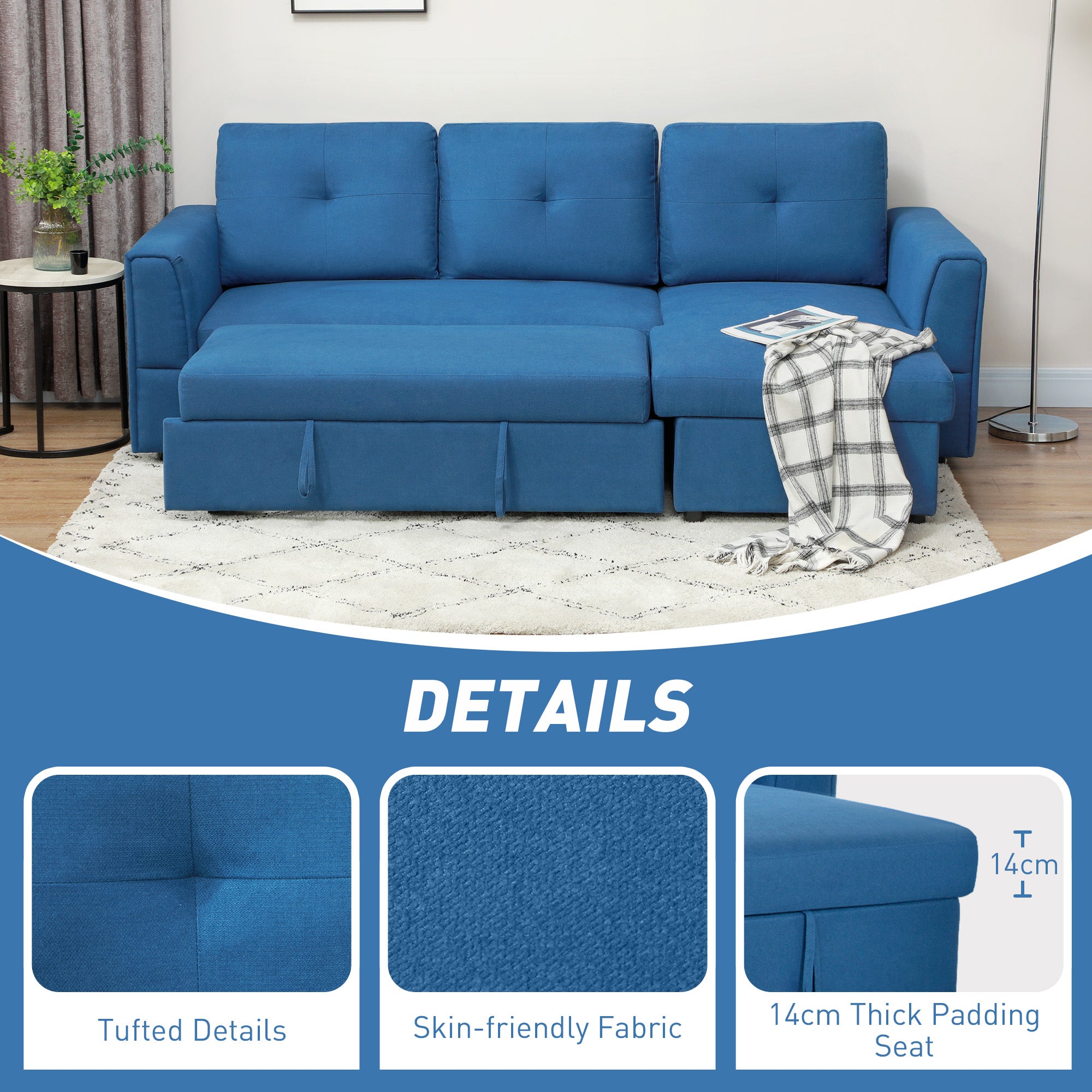 HOMCOM 3 Seater Sofa Bed, L Shaped Pull Out Sofa Bed with Storage, Convertible Click Clack Settee Sectional Sleeper Futon for Living Room, Office, Dark Blue