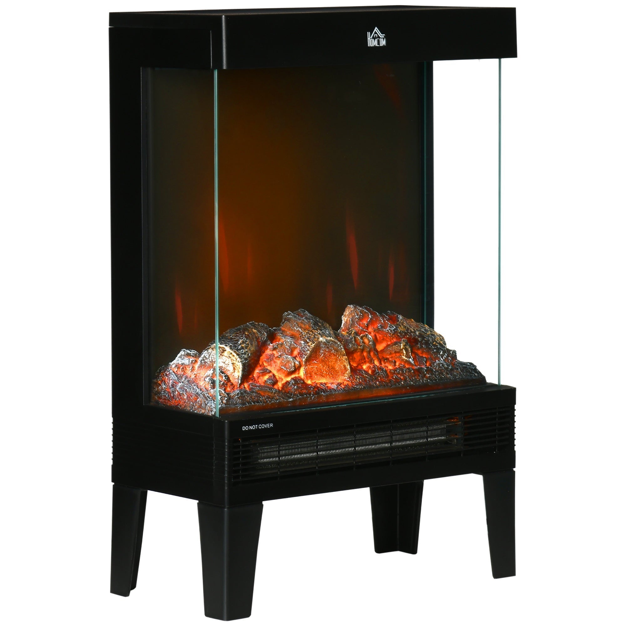 HOMCOM 180 Charming Electric Fireplace Heater, Quiet Freestanding Stove with LED Flame Effect, Level-less Temperature Control, Overheating Protection, 1000W/2000W, Black