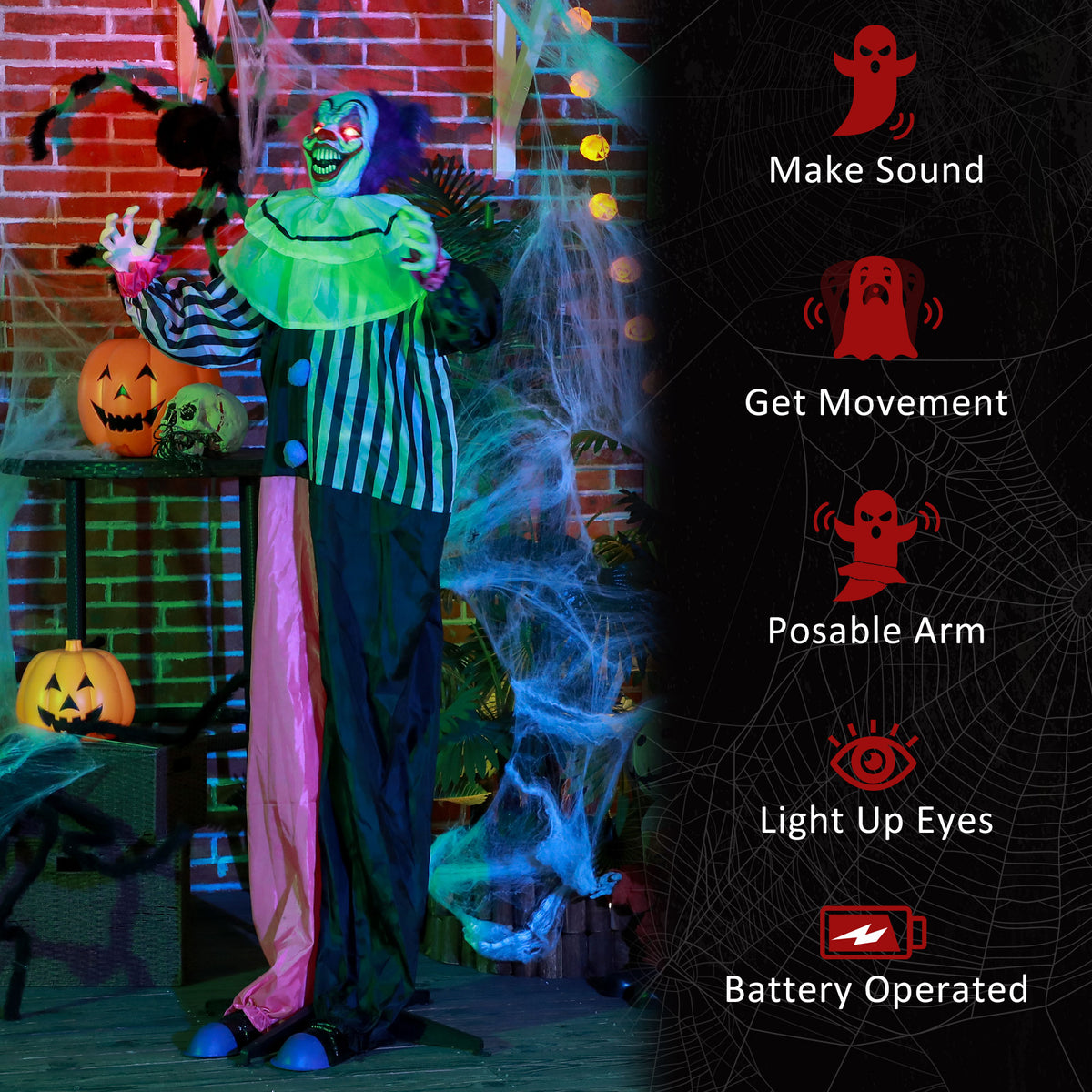 HOMCOM 5'6" Scary Laughing Clown Halloween Animatronic, with Glowing Eyes