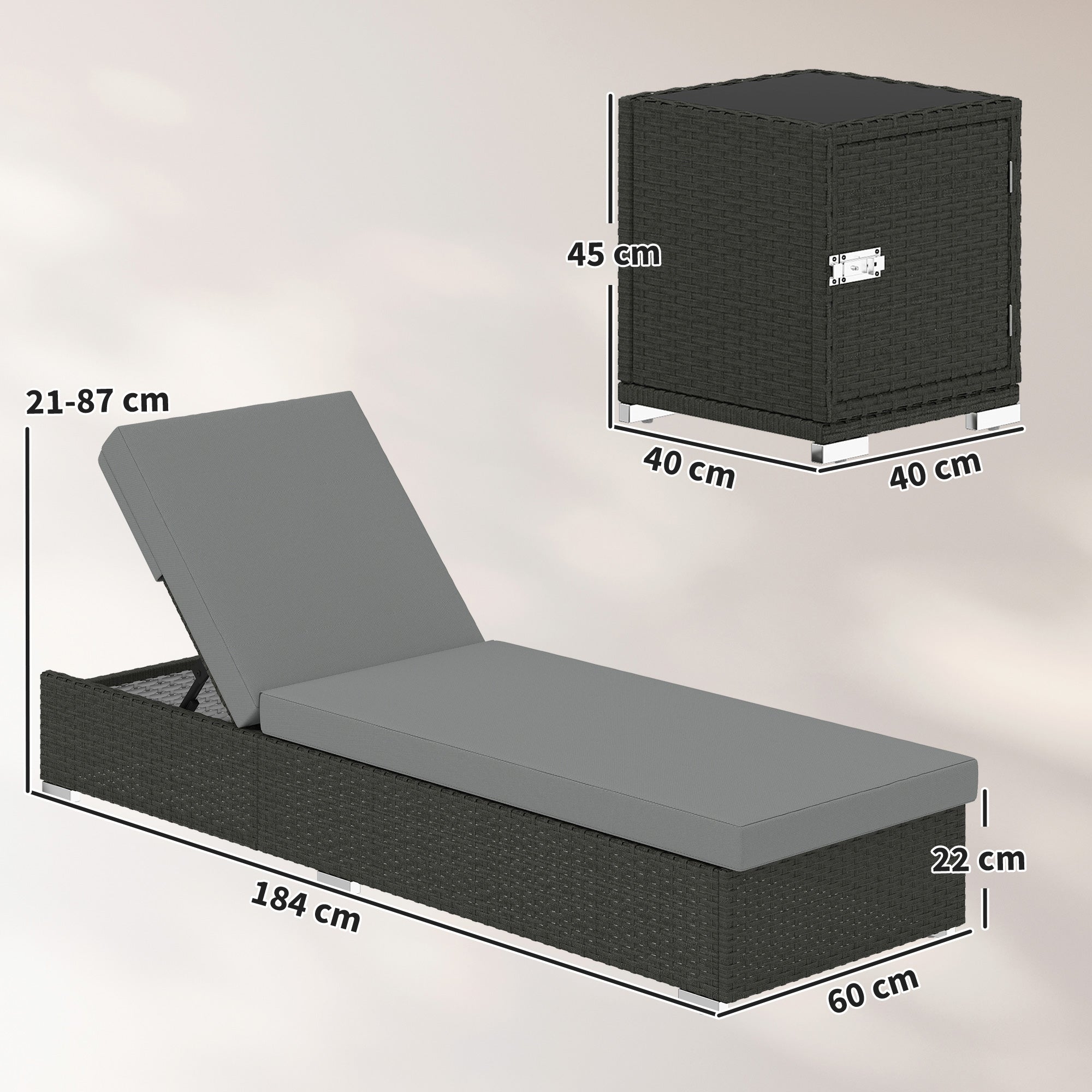Outsunny Rattan Sun Loungers Set of 2 with Side Table, Garden Recliner Sunbeds with Adjustable Back, Cushions, Dark Grey
