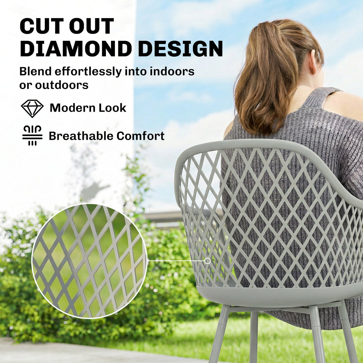 Outsunny Garden Chairs Set of 4, Garden Dining Chairs with Cut Out Diamond Back and Armrests for Patio, Balcony, Terrace, Grey