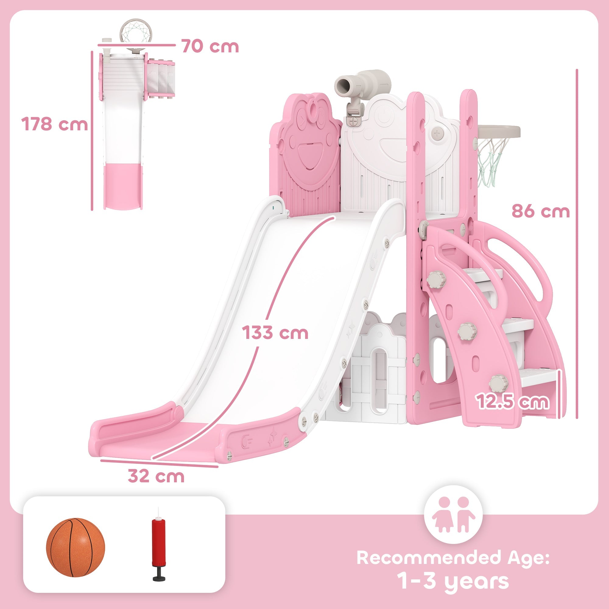 AIYAPLAY 5 in 1 Kids Slide Set with Basketball Hoop, Climbing Frame, Telescope, Storage Box for Toddlers Ages 1-3, Pink
