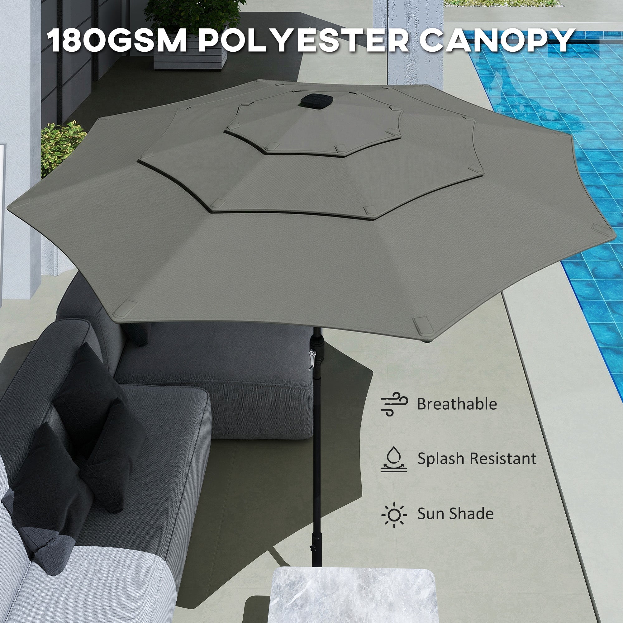 Outsunny Garden Parasol, Parasol Umbrella with 3-tier Roof, Crank Handle, Tilt Function, Polyester Canopy, Grey