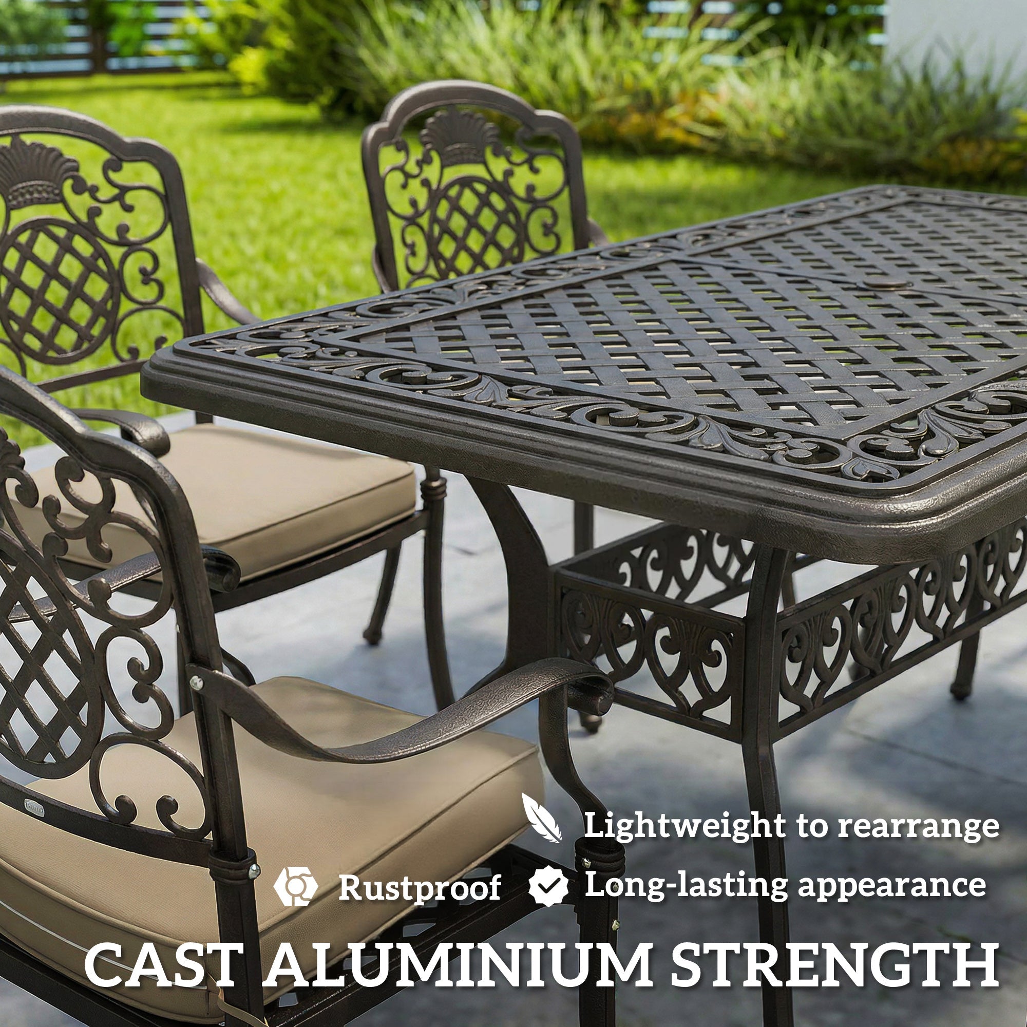 Outsunny Garden Dining Set for 6, Cast Aluminium Outdoor Table and Chairs Set with Cushions, Parasol Hole for Patio, Bronze Tone