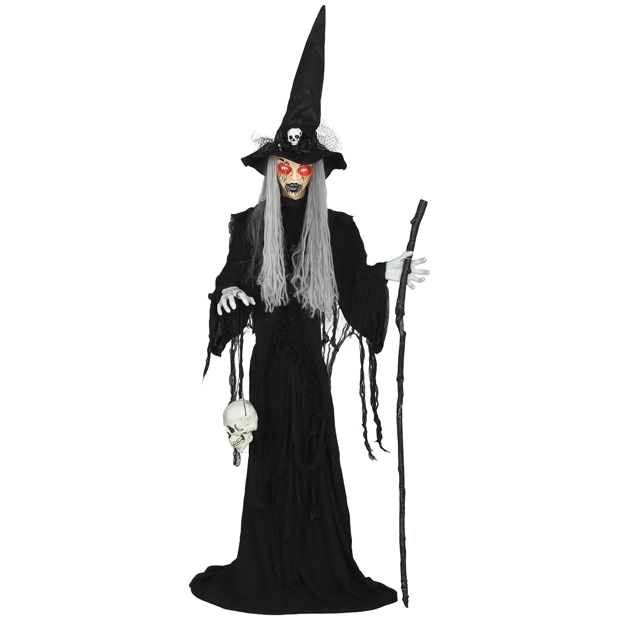 Outsunny 170 cm Life Size Halloween Animated Standing Witch & Staff with Glowing LED Eyes, Spooky Witch Scary Halloween Decorations, Battery Operated, Indoor Party Props