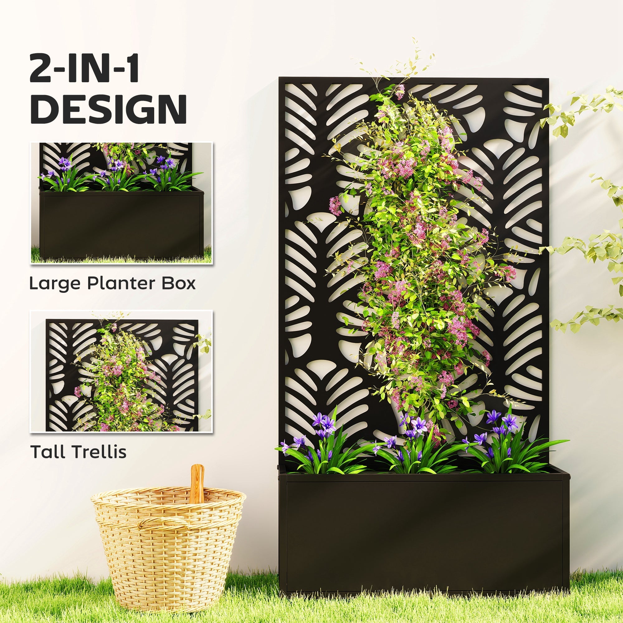Outsunny Metal Garden Bed for Garden with Trellis, Wall Mounted or Freestanding Raised Planter with Privacy Screen