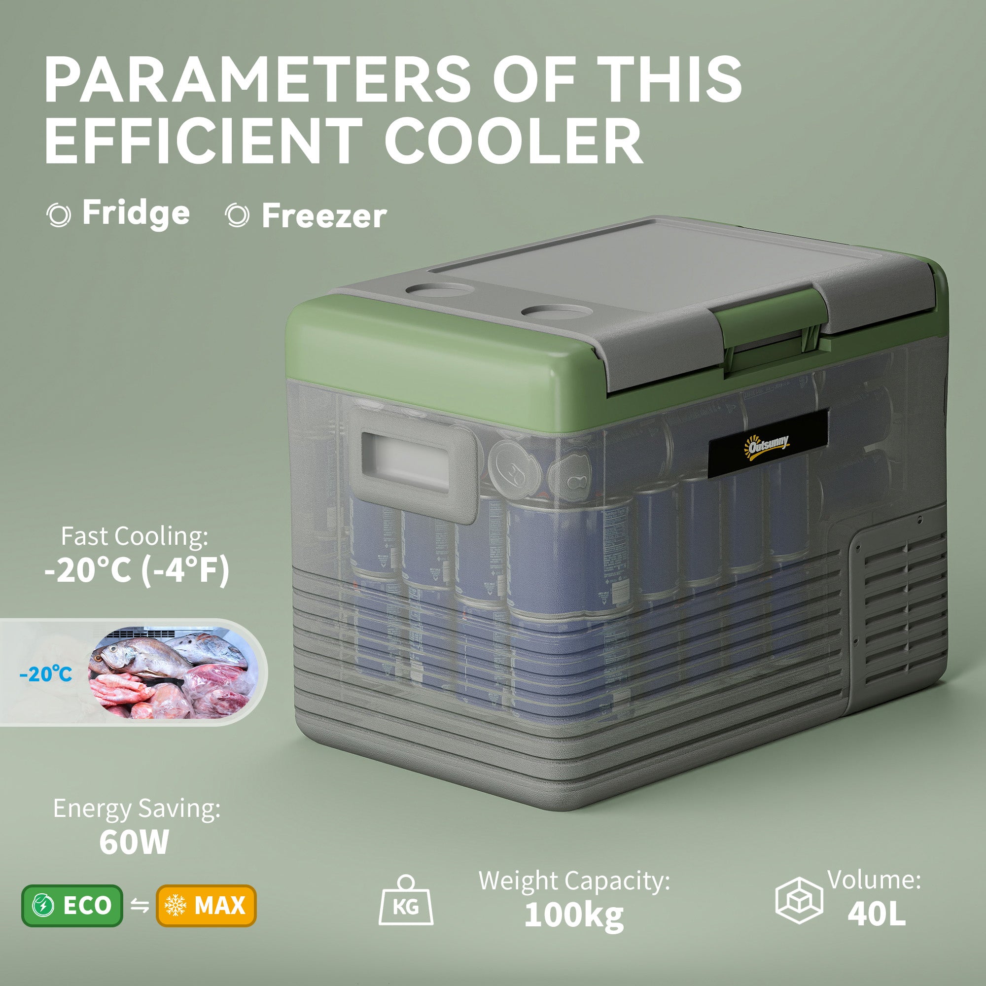 Outsunny 40L Portable Car Refrigerator - Light Green and Grey