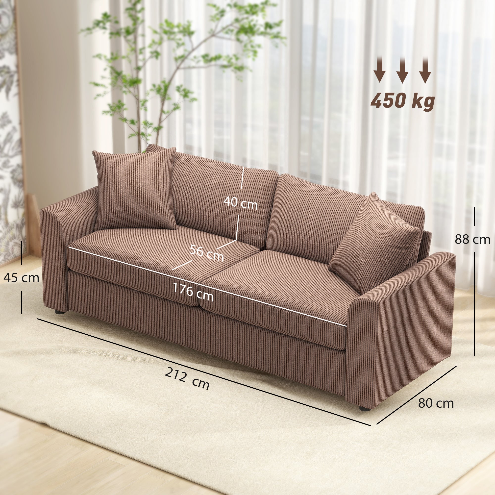 HOMCOM Modern 3 Seater Sofa with Spring Cushion, 212 cm Fabric Jumbo Cord Sofa Couch with 2 Scatter Cushions, Upholstered Corduroy Settee for Living Room, Bedroom, Home Office, Coffee