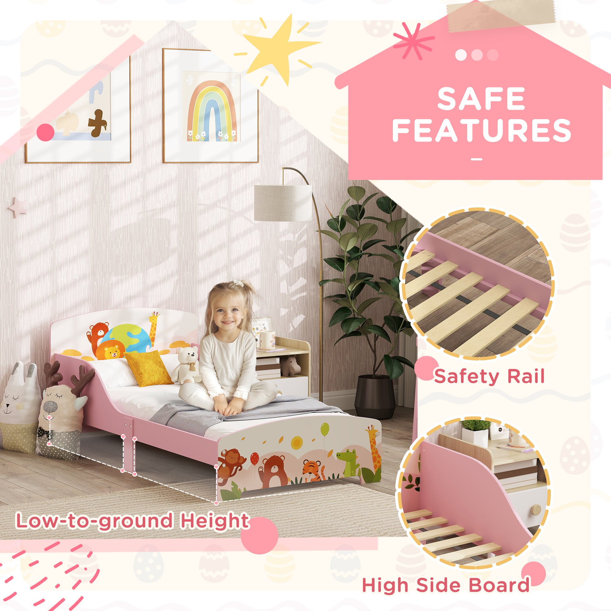 AIYAPLAY Cute Animal-Themed Toddler Bed, with Safety Rails, 143 x 77 x 60cm, Pink