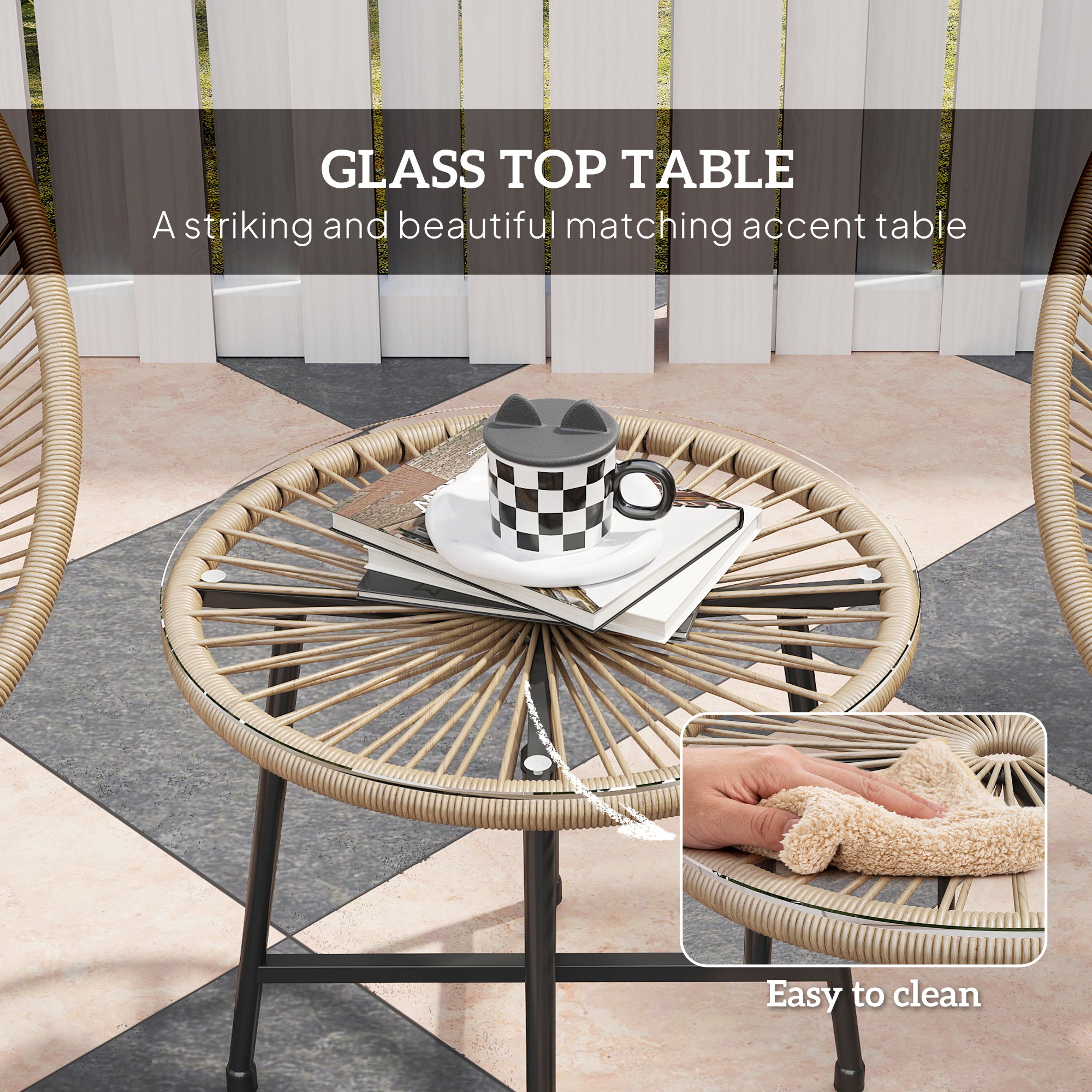 Outsunny 3 Pieces Rattan Bistro Set, Garden Bistro Set with Acapulco Chairs and Glass Top Table, Small Garden Furniture Set with Reinforced Metal Frame for Outdoor, Patio, Balcony, Natural