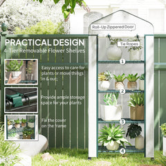 Outsunny 4 Tier Mini Portable Greenhouse Compact Plant Grow Shed Metal Frame PE Cover with Lockable Rolling Wheels , White